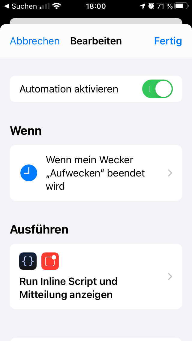 The automation configuration screen: the trigger is 'when my wake-up alarm is stopped' and the actions are 'Run Inline Script' and 'Show Notification'.