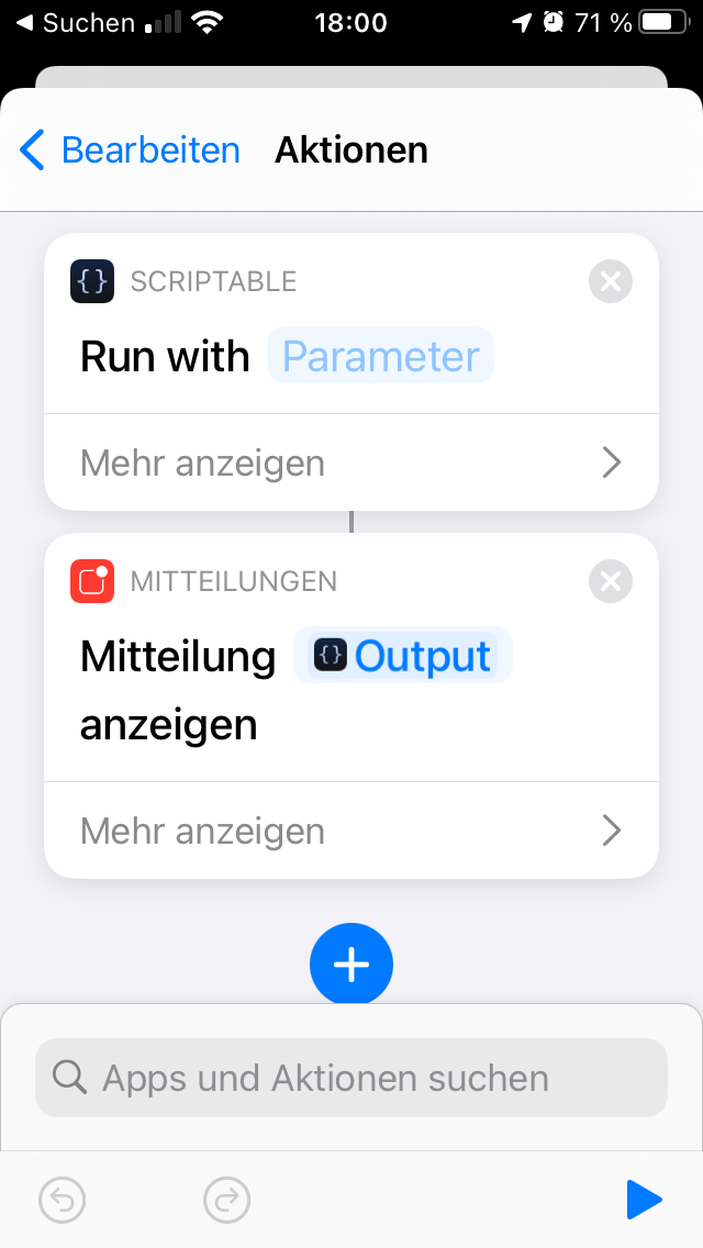 The automation actions screen: 'Run Inline Script' followed by 'Show Notification: Output'.